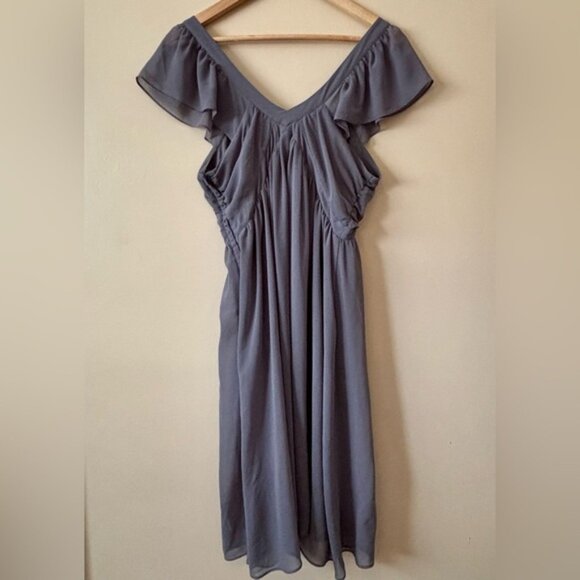 RW&Co.| Beautiful Grey Chiffon Sheer Flowy Lined V-Neck Midi Cocktail Dress Sz 8 - Picture 2 of 5